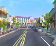 Hand-painted pastel rendering of a shopping mall and plaza.